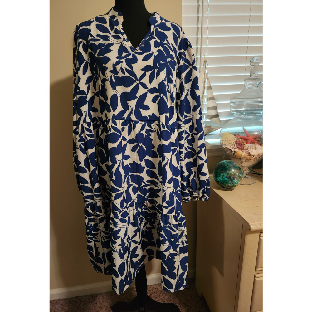 3X Boutique Dress Puff Sleeve A Line Knee Length Dress Blue And White Floral